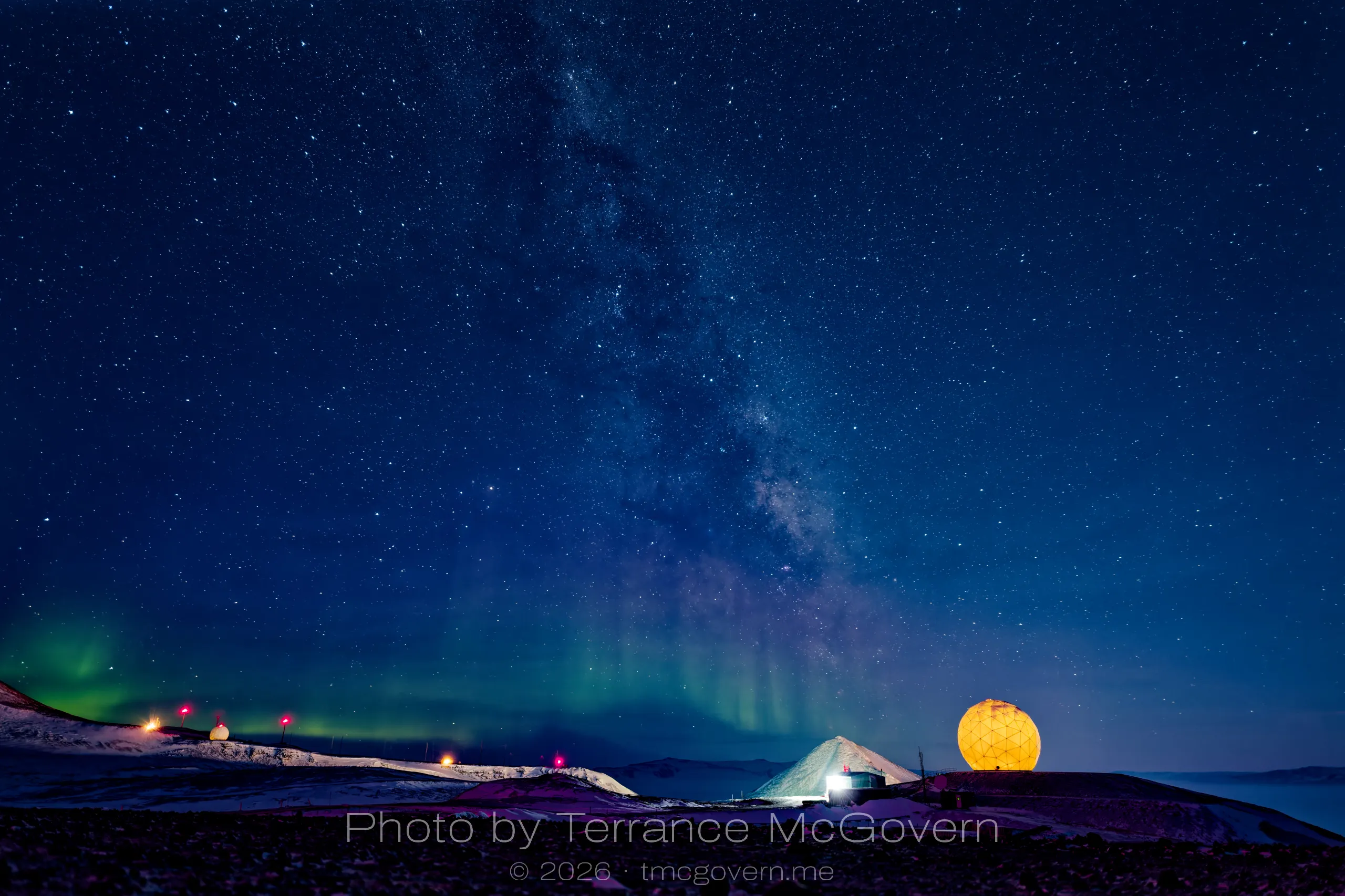 The NASA Radome with Observation Hill in the background under the milky way