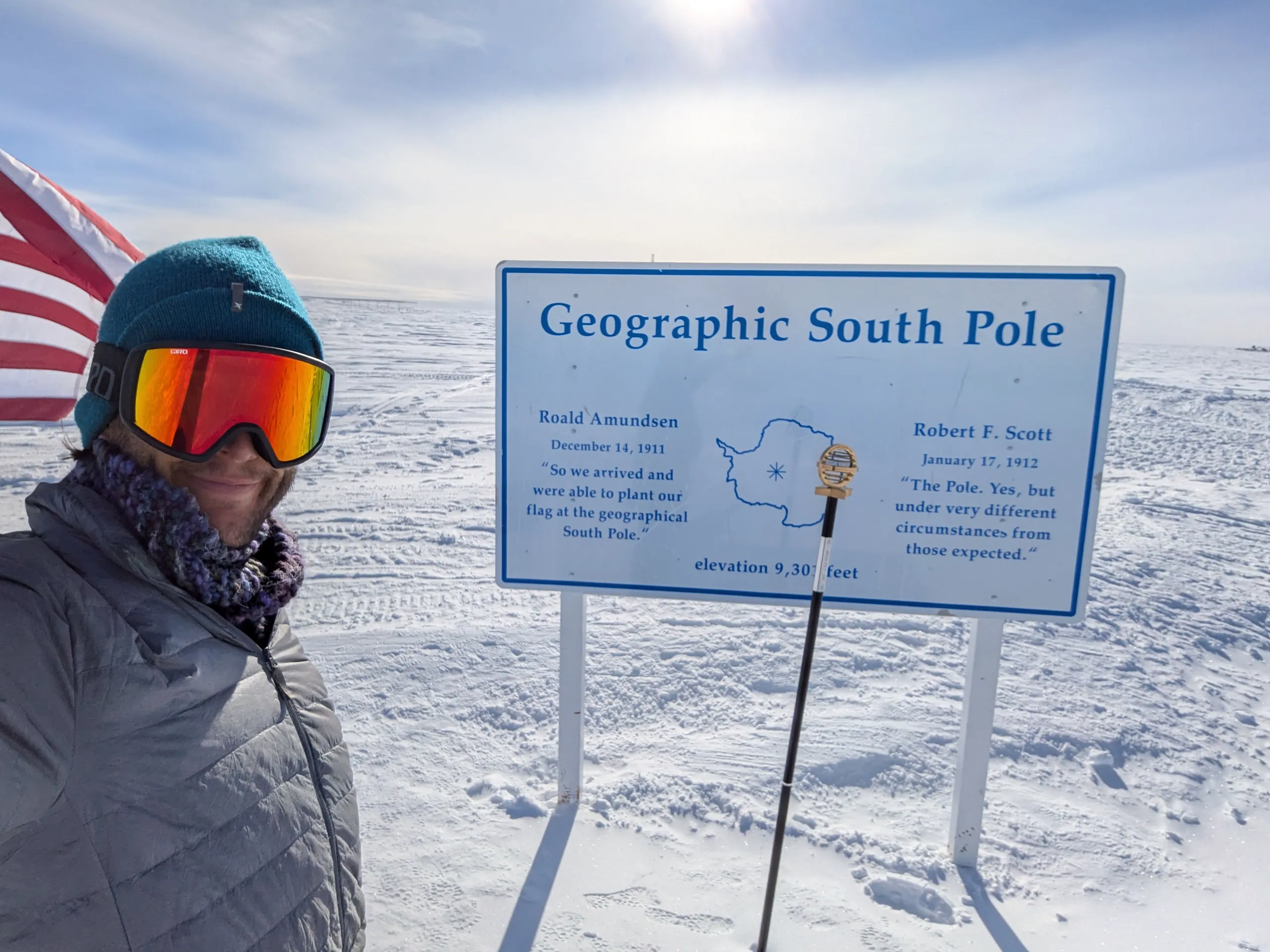 Arrival at the exact bottom of the planet, 90° South, where every direction is North.
