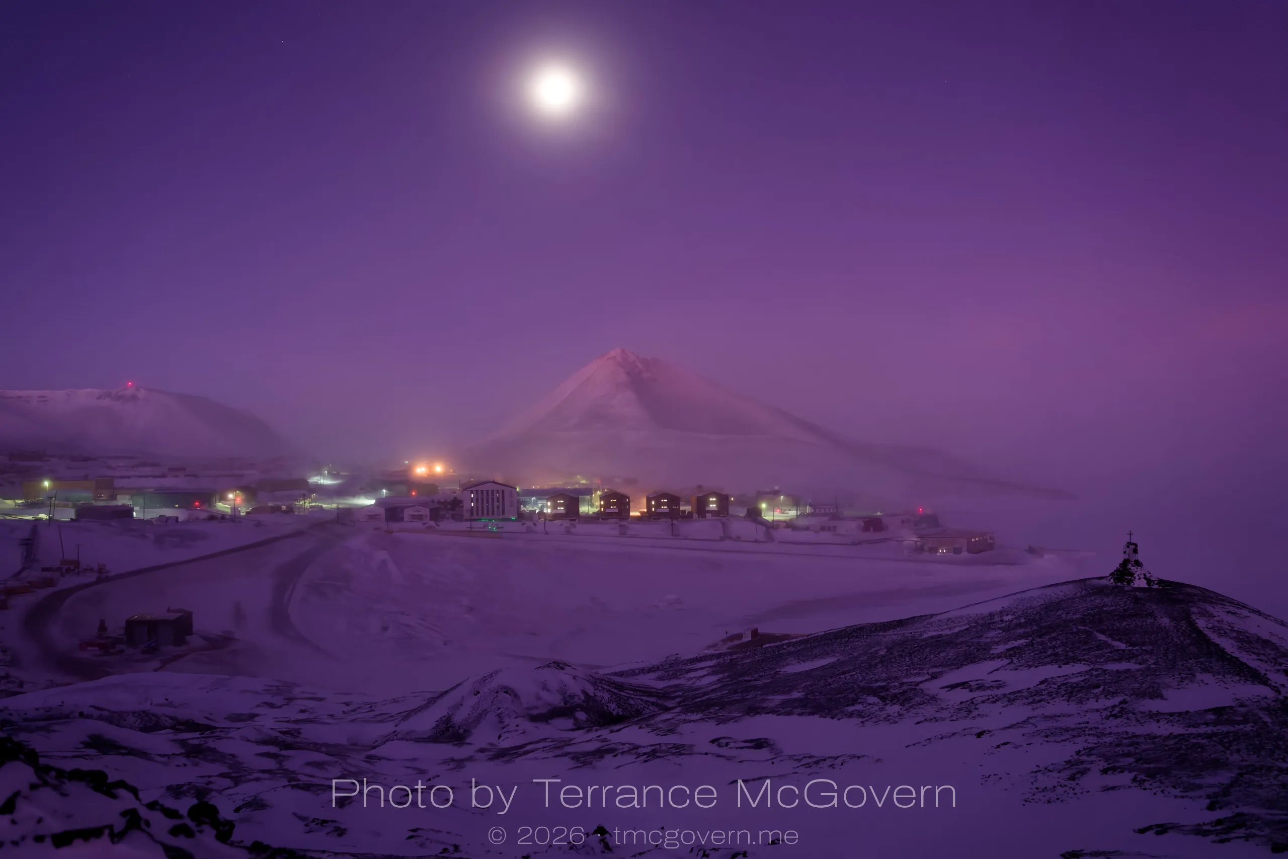 McMurdo in purple twilight as the sun gets closer to the horizon