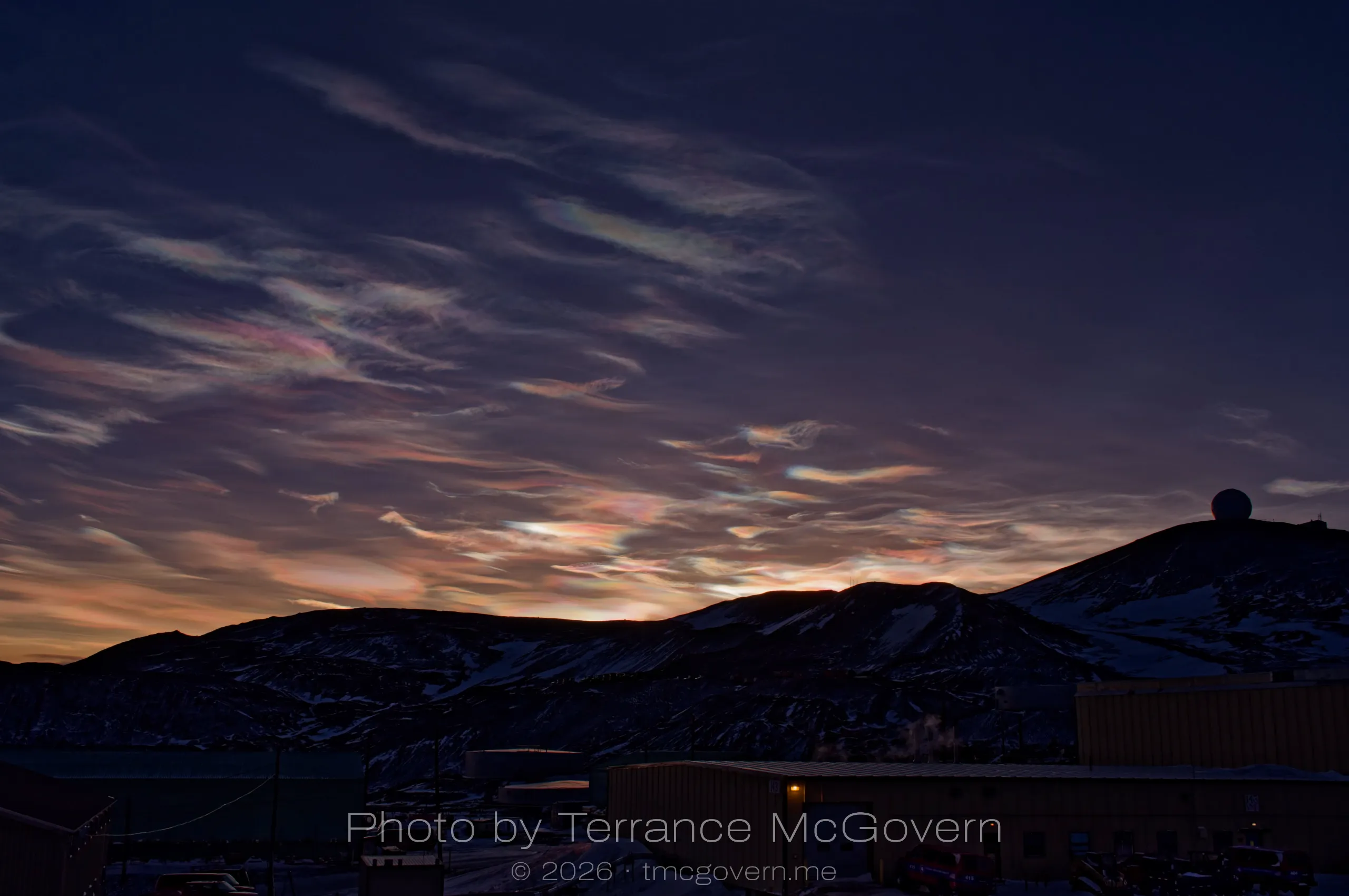 The rare nacreous clouds, only visible in polar regions during civil twilight