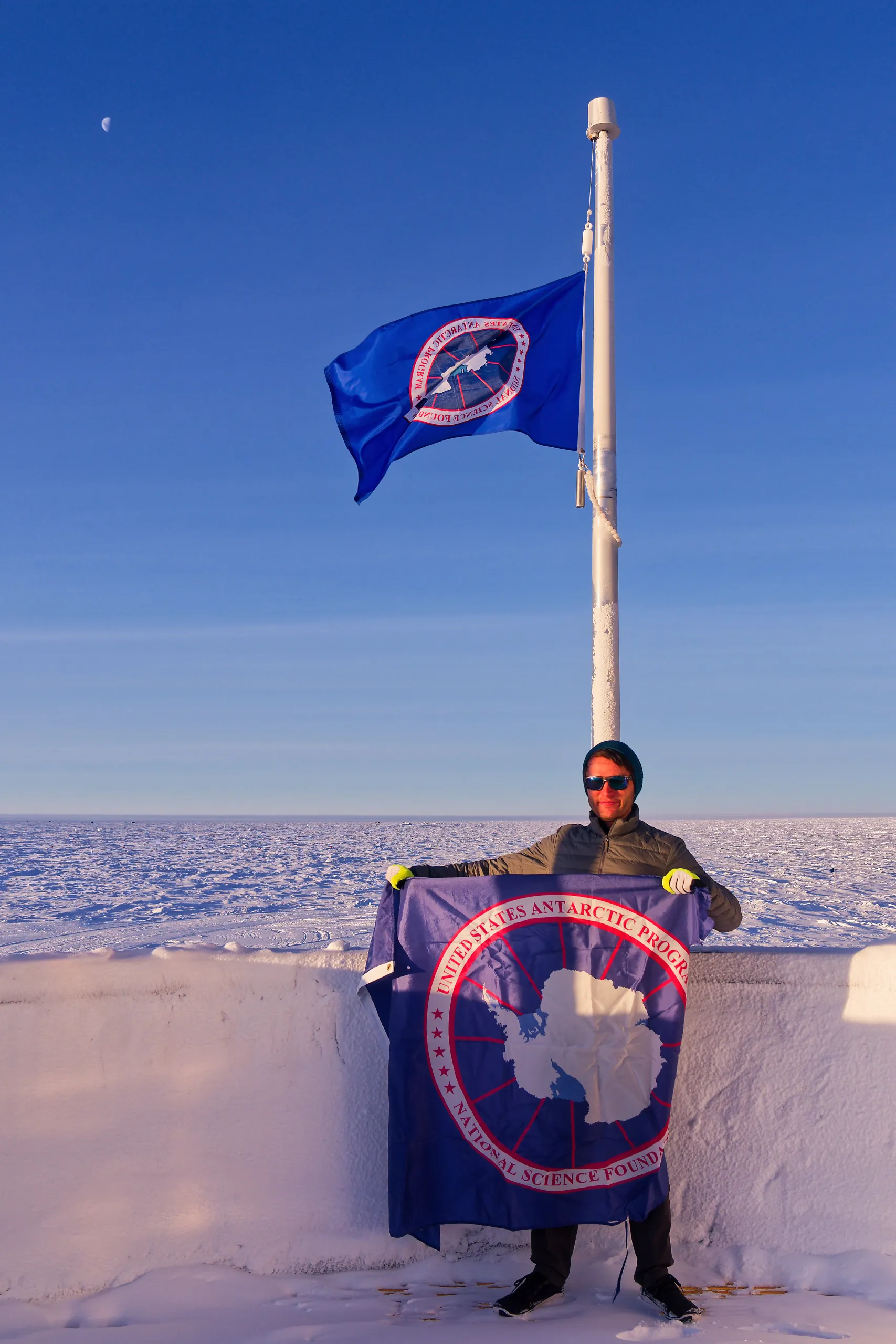 Each year at our sunrise dinner, the various outdoor flags are raffled off and new one are placed outside. I won the USAP flag flown at the entrance to the station. For some reason the replacement flag was much smaller this year... *Photo by Sim Bash